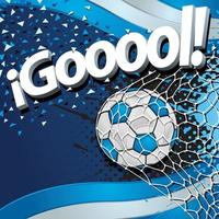 Word GOOOOL next to a soccer ball scoring a goal on a background of Argentina flags and light blue and white confetti. Vector image