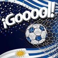 Word GOOOOL next to a soccer ball scoring a goal against a background of Uruguayan flags and white and blue confetti. Vector image