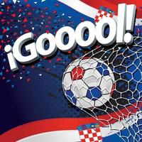 Word GOOOOL in white 3D font next to a soccer ball scoring a goal against a background of Croatian flags and white, blue, and red confetti. Vector image