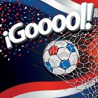 Word GOOOOL next to a soccer ball scoring a goal against a background of Netherlands flags and red, white, and blue confetti. Vector image