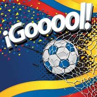 Word GOOOOL next to a soccer ball scoring a goal on a background of Ecuadorian flags and yellow, blue, and red confetti. Vector image