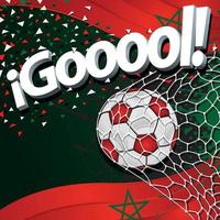 Word GOOOOL in white 3D font next to a soccer ball scoring a goal against a background of Moroccan flags and red, green and white confetti. Vector image