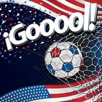 Word GOOOOL next to a soccer ball scoring a goal on a background of United States of America flags and white, red, and blue confetti. Vector image