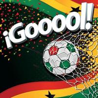 Word GOOOOL next to a soccer ball scoring a goal against a background of Ghanaian flags and red, yellow, and green confetti. Vector image