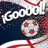 Word GOOOOL next to a soccer ball scoring a goal against a background of England flags and red and white confetti. Vector image