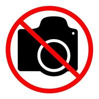 Forbidden photo icon. Black camera design with red circle. Warning do not take pictures in this area. Isolated on a white background. Vector illustration