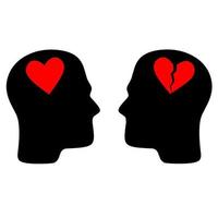 Vector illustration of two human heads with a red heart and a broken heart on a white background. Concept of human thinking full of love and compassion.