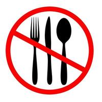 No eating sign icon. Fork, spoon and knife with red circles. Do not eat warning vector design. Isolated on a white background. Vector illustration.