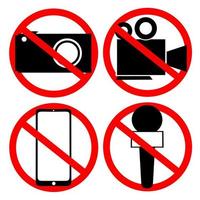 Prohibition of video recording, taking pictures, sound recording and telephone. Prohibition sign symbol pictogram with red circle. Isolated on a white background. Vector illustration