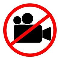 Video recording is prohibited. Camera icon with red circle. Warning sign vector illustration.