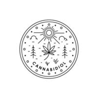 paisaje al aire libre con cielo y sol cbd marihuana marihuana hoja de cáñamo con logotipo de arte de línea pegatina de diseño vectorial en forma de círculo vector