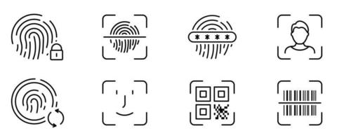 Biometric Identification Line Icon. Finger Print Verification Pictogram. Password Protection and Change. QR Code and Bar Code Scanning Outline Symbol. Editable Stroke. Isolated Vector Illustration.