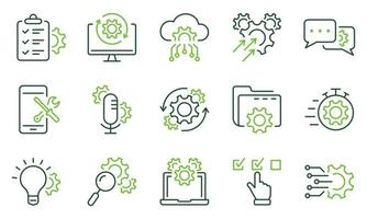 Technology Configuration Line Icon. Innovation Business Process Outline Icon. Gear, Computer, Tool, Speech Bubble Digital Setting Color Pictogram. Editable Stroke. Isolated Vector Illustration.