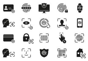 huella digital, contraseña de identidad facial en el teléfono móvil, conjunto de iconos de silueta de computadora. identificación táctil, pictograma de identificación facial. símbolo de identificación biométrica. Verificación de seguridad. ilustración vectorial aislada. vector