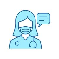 Doctor in Mask with Speech Bubble Consultation Concept Line Icon. Healthcare Chat Outline Icon. Physician Talking Color Pictogram. Medic Conversation. Editable Stroke. Isolated Vector Illustration.