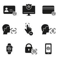 Biometric Identification Technology Silhouette Icon Set. Password Finger Print, Voice Command Verification, Data Protection Pictogram. Finger Print ID Symbol. Isolated Vector Illustration.