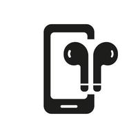 Mobile Phone with Headphone Pictogram. Smartphone with Earphone Silhouette Icon. Headset, Cellphone Glyph Symbol. Audio Technology, Electronic Equipment. Isolated Vector Illustration.