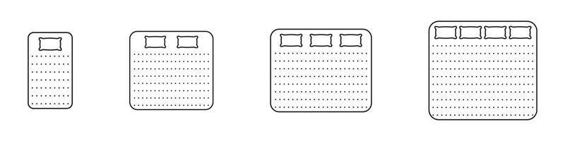 Mattress and Bed Size Dimension Line Icon Set. Bed Length Measurement Linear Pictogram. Mattress Size for Bedchamber in Hotel, Home Outline Icon. Editable Stroke. Isolated Vector Illustration.