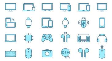 Modern Electronic Wireless Equipment Color Line Icon Set. PC, Computer, Monitor, Smartphone, Camera, Keyboard, Headphone Pictogram. Devices Symbol. Editable Stroke. Isolated Vector Illustration.