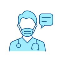 Doctor in Mask with Speech Bubble Consultation Concept Line Icon. Physician Talking Color Pictogram. Healthcare Chat Outline Icon. Medic Conversation. Editable Stroke. Isolated Vector Illustration.