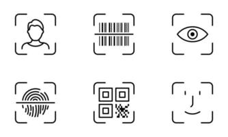 Biometric Identification by Finger Print, Eye Recognize, Touch ID Line Icon Set. Scan QR Code, Barcode Technology Pictogram. Security Protection Symbol. Editable Stroke. Isolated Vector Illustration.
