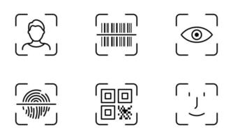 Biometric Identification by Finger Print, Eye Recognize, Touch ID Line Icon Set. Scan QR Code, Barcode Technology Pictogram. Security Protection Symbol. Editable Stroke. Isolated Vector Illustration.