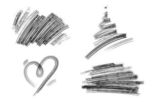 conjunto vectorial de formas dibujadas a mano. corazones dibujados a mano de un color, árbol de navidad y trazos rectangulares. fondos dibujados a mano. vector