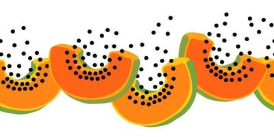 Vector seamless pattern with fruits. Colorful hand drawn papaya slices repeatable border. Pawpaw fruits endless line.