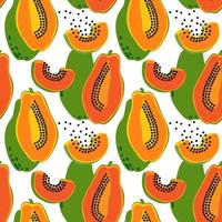 Vector seamless pattern with fruits. Colorful hand drawn minimalistic background. Papaya halves with leaves backdrop.