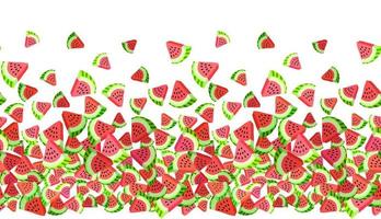Vector seamless border pattern with watermelon slices. Colorful hand-drawn repeatable horizontal background. Summer fruits with seeds backdrop.