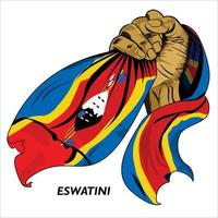 mano en puño sosteniendo la bandera de eswatini. ilustración vectorial de la bandera de agarre de mano levantada. bandera colgando alrededor de la mano. formato eps escalable vector