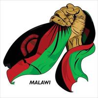 Fisted hand holding Malawian flag. Vector illustration of lifted Hand grabbing flag. Flag draping around hand. Scalable Eps format