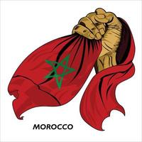 Fisted hand holding Moroccan flag. Vector illustration of lifted Hand grabbing flag. Flag draping around hand. Scalable Eps format