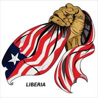mano en puño sosteniendo la bandera liberiana. ilustración vectorial de la bandera de agarre de mano levantada. bandera colgando alrededor de la mano. formato eps escalable vector