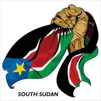 Fisted hand holding South Sudanese flag. Vector illustration of lifted Hand grabbing flag. Flag draping around hand. Scalable Eps format