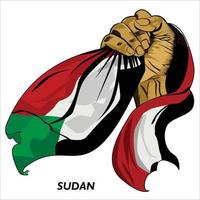 Fisted hand holding Sudanese flag. Vector illustration of lifted Hand grabbing flag. Flag draping around hand. Scalable Eps format