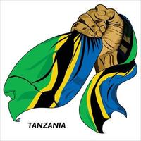 Fisted hand holding Tanzanian flag. Vector illustration of lifted Hand grabbing flag. Flag draping around hand. Scalable Eps format