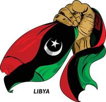 Fisted hand holding Libyan flag. Vector illustration of lifted Hand grabbing flag. Flag draping around hand. Scalable Eps format