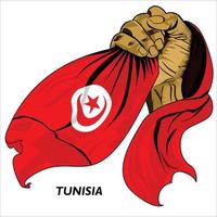 Fisted hand holding Tunisian flag. Vector illustration of lifted Hand grabbing flag. Flag draping around hand. Scalable Eps format