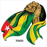 Fisted hand holding Togolese flag. Vector illustration of lifted Hand grabbing flag. Flag draping around hand. Scalable Eps format