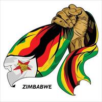 mano en puño sosteniendo la bandera de zimbabwe. ilustración vectorial de la bandera de agarre de mano levantada. bandera colgando alrededor de la mano. formato eps escalable vector