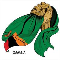 mano en puño sosteniendo la bandera de zambia. ilustración vectorial de la bandera de agarre de mano levantada. bandera colgando alrededor de la mano. formato eps escalable vector