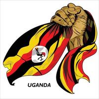 Fisted hand holding Ugandan flag. Vector illustration of lifted Hand grabbing flag. Flag draping around hand. Scalable Eps format