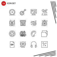 Editable Vector Line Pack of 16 Simple Outlines of drink beverage music beach monitor Editable Vector Design Elements