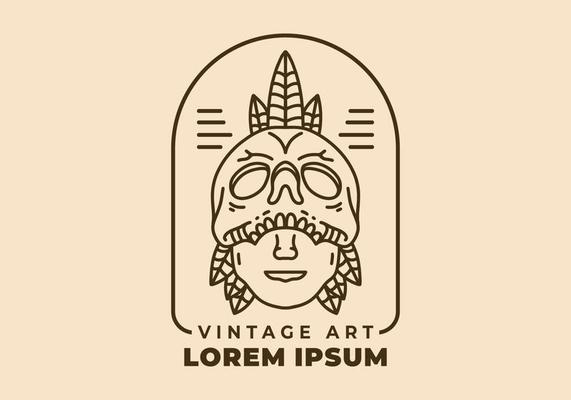 Vintage art illustration of a man face hiding behind the skull mask