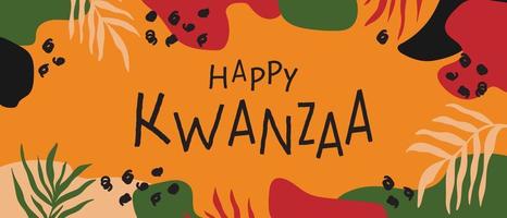 Happy Kwanzaa abstract bright colorful horizontal long banner design with random organic shapes, palm leaves. Vector template for Kwanzaa African American Celebration in USA.act,