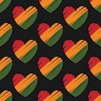 Seamless pattern background, Heart symbol with hand drawn stroke colors of African flag - red, yellow, green. Kwanzaa, Juneteenth, Black History Month backdrop texture design vector