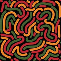 Abstract seamless pattern background, line doodle shapes in colors of African American flag - red yellow green on black backdrop. Creative geometric print Kwanzaa, Black History Month, Juneteenth. vector