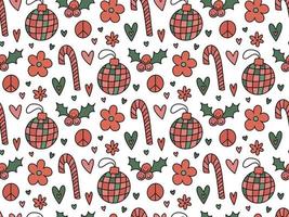 Groovy retro Christmas seamless pattern background with 60s 70s hippie cute festive winter hand drawn doodles - disco ball, holly berry, mistletoe, hearts, daisy flowers. Y2K Christmas backdrop print vector