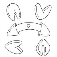 fortune cookies hand drawn doodle icon set. Asian food. Simple outline contour sketch drawing collection of special Chinese biscuit with paper note with prediction or motto vector